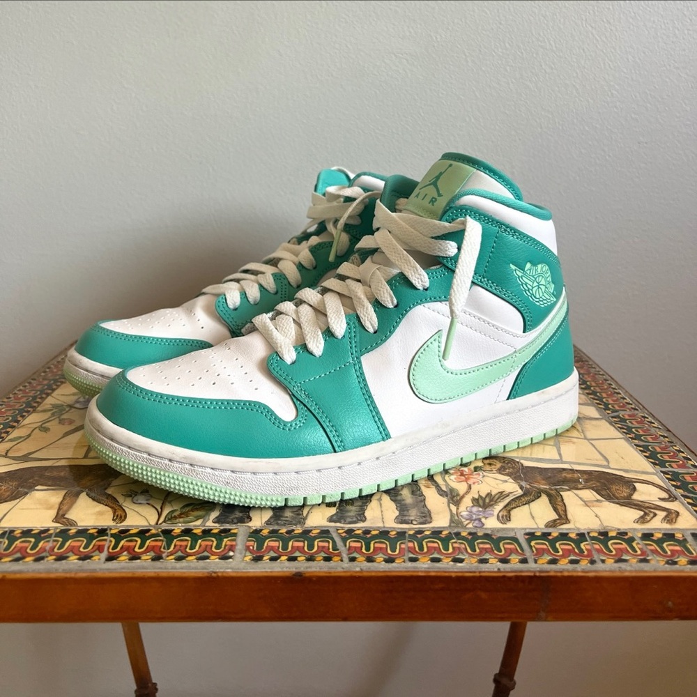 Nike Air Jordan 1 Mid Teal and White Sneakers - Picture 2 of 16